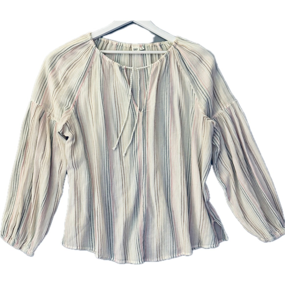 Gap Top Women XL White Embroidered Stripes Long Sleeve Cotton Tie Neck Boho